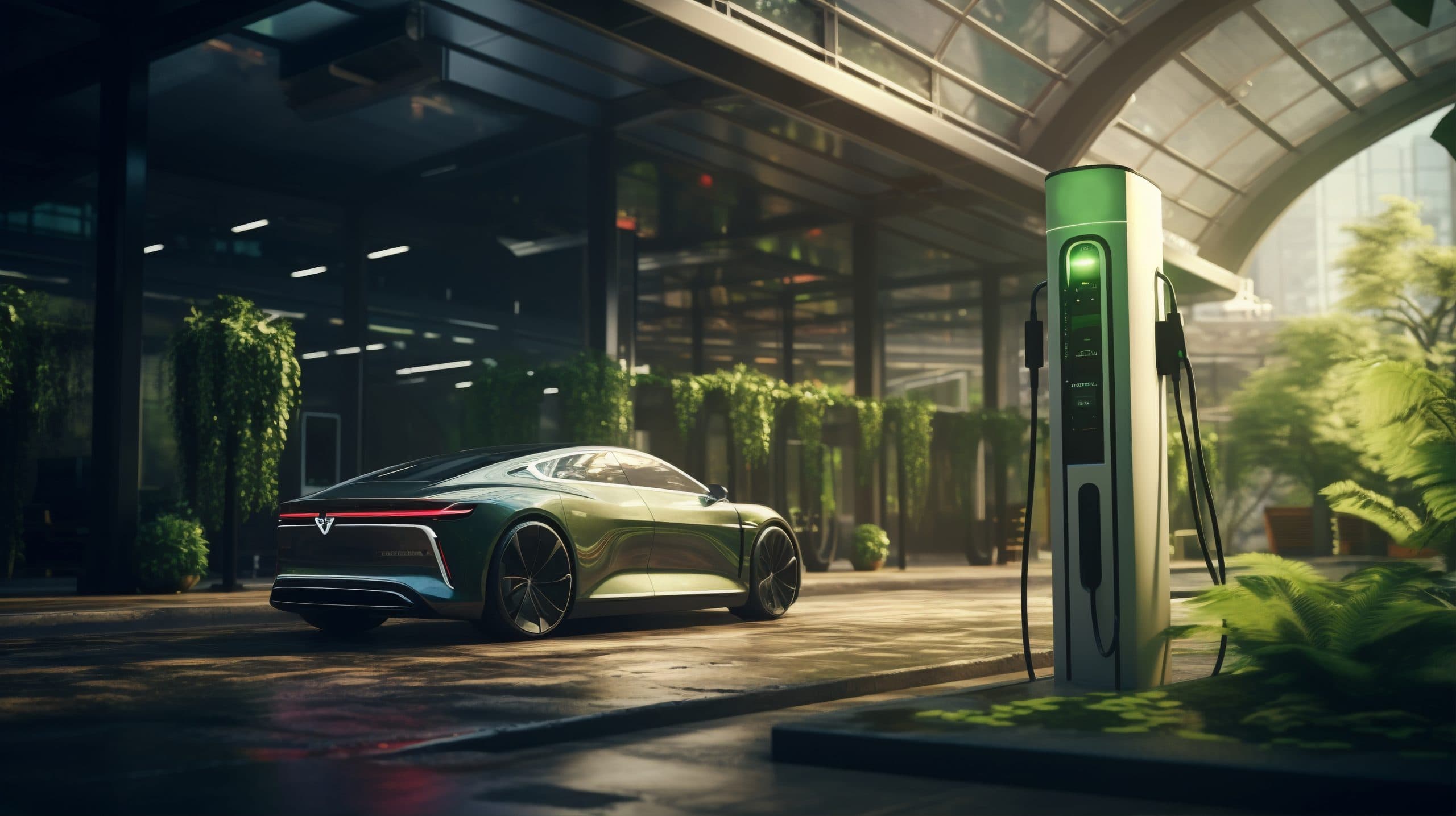 Futuristic electric vehicle charging at a sleek green station in a lush, sustainable UAE cityscape.