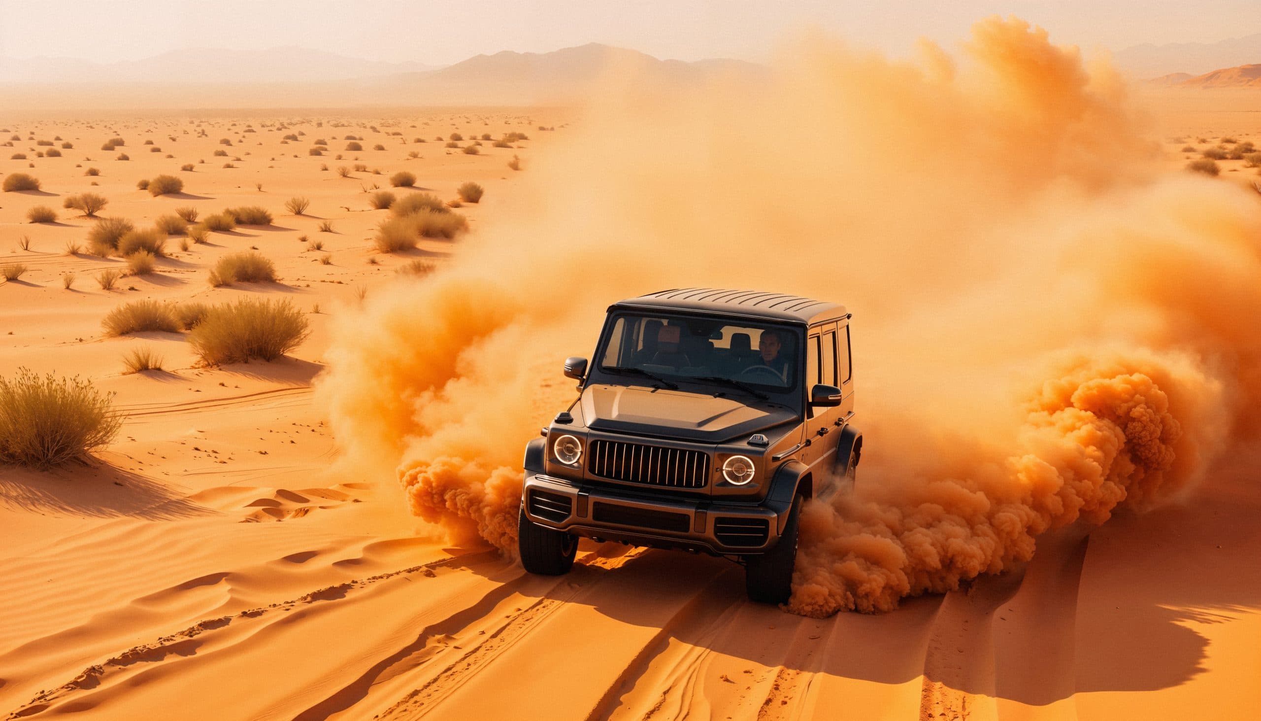 electric vehicle driving on a dusty desert road with sand dunes