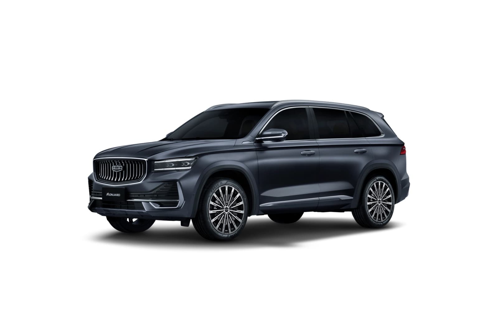 Grey Geely Monjaro SUV in a front three-quarter view, from Geely UAE