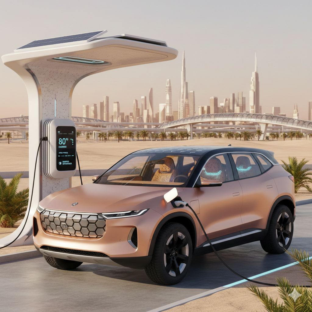Futuric copper colored electric suv charging in UAE