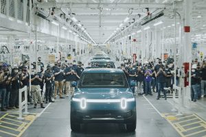 Rivian R1T on the assembly line at the Normal, Illinois plant