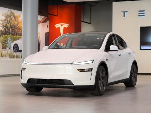 Refreshed 2025 Tesla Model Y parked at Santana Row in California