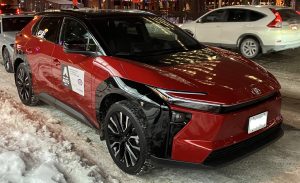 2026 Toyota bZ electric SUV photographed at the Montreal International Auto Show.