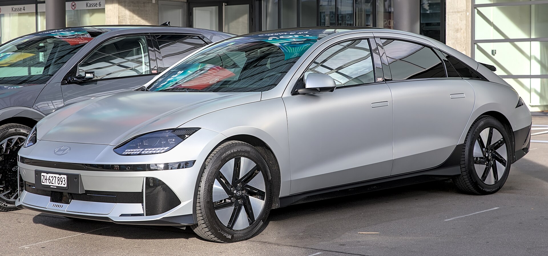 Hyundai Ioniq 6 electric sedan photographed at Auto Zürich 2023, side profile