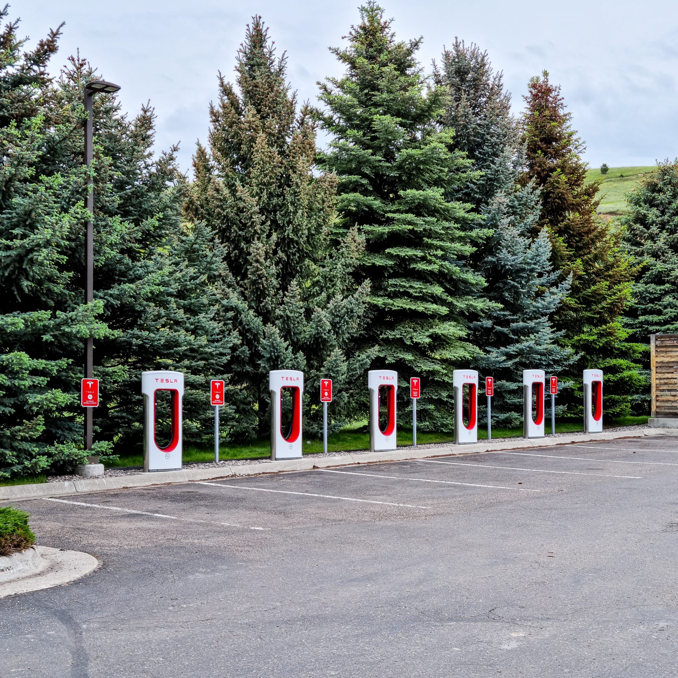 Row of Tesla Supercharger charging stalls