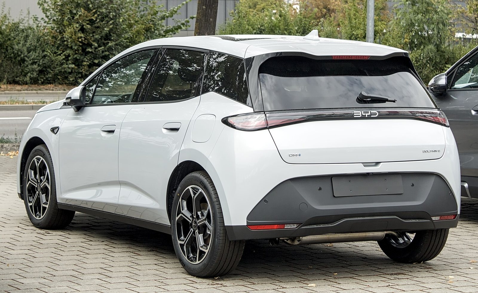 White BYD Dolphin G DM-i plug-in hybrid hatchback seen from the rear, showing the DM-i badge