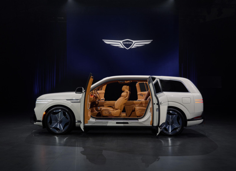 Genesis GV90 Neolun trim with coach doors open, showing cabin at reveal event