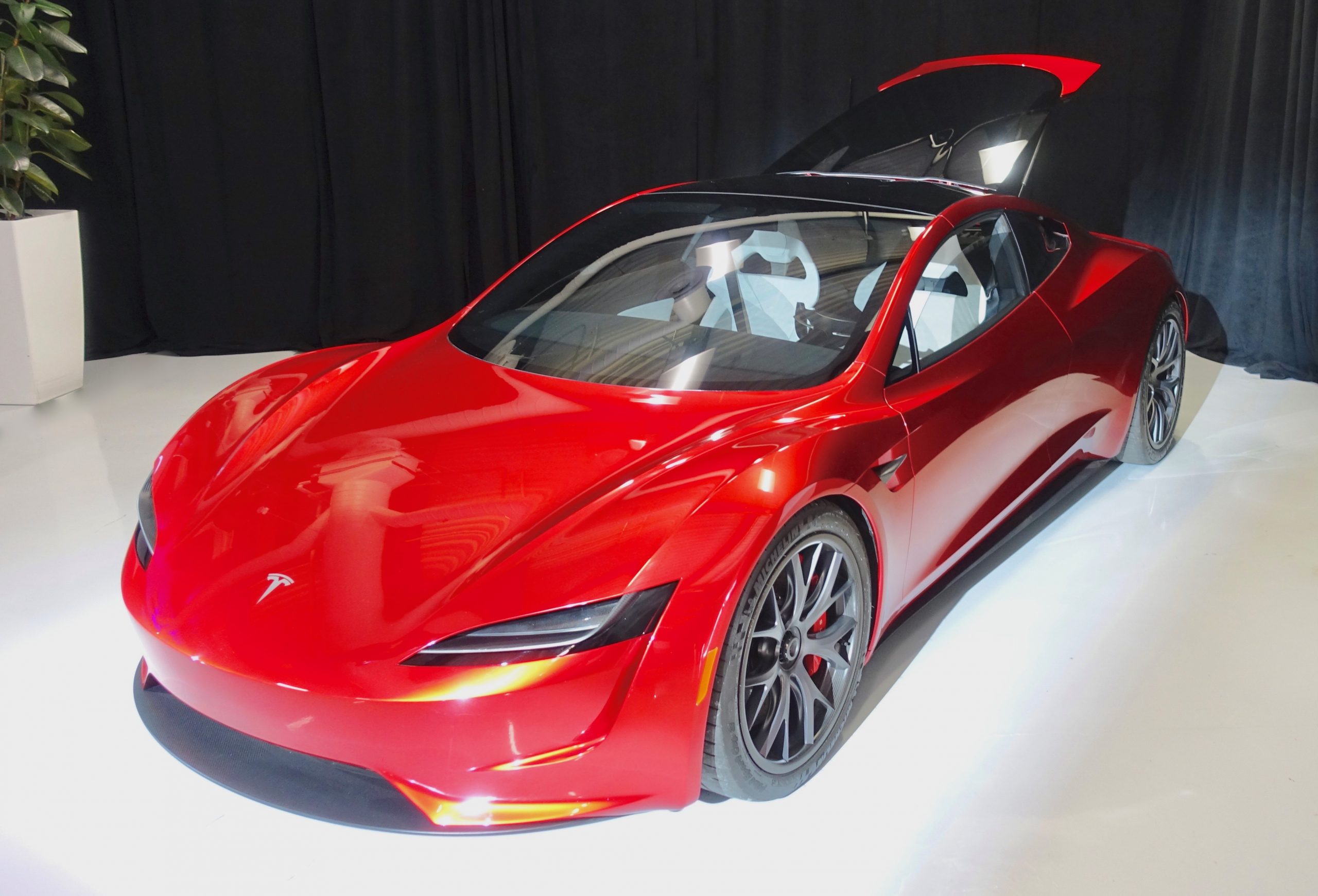 Silver second-generation Tesla Roadster prototype parked at Tesla headquarters in 2019, three-quarter front view
