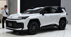 Front three-quarter view of a 2026 Toyota RAV4 plug-in hybrid GR Sport prototype