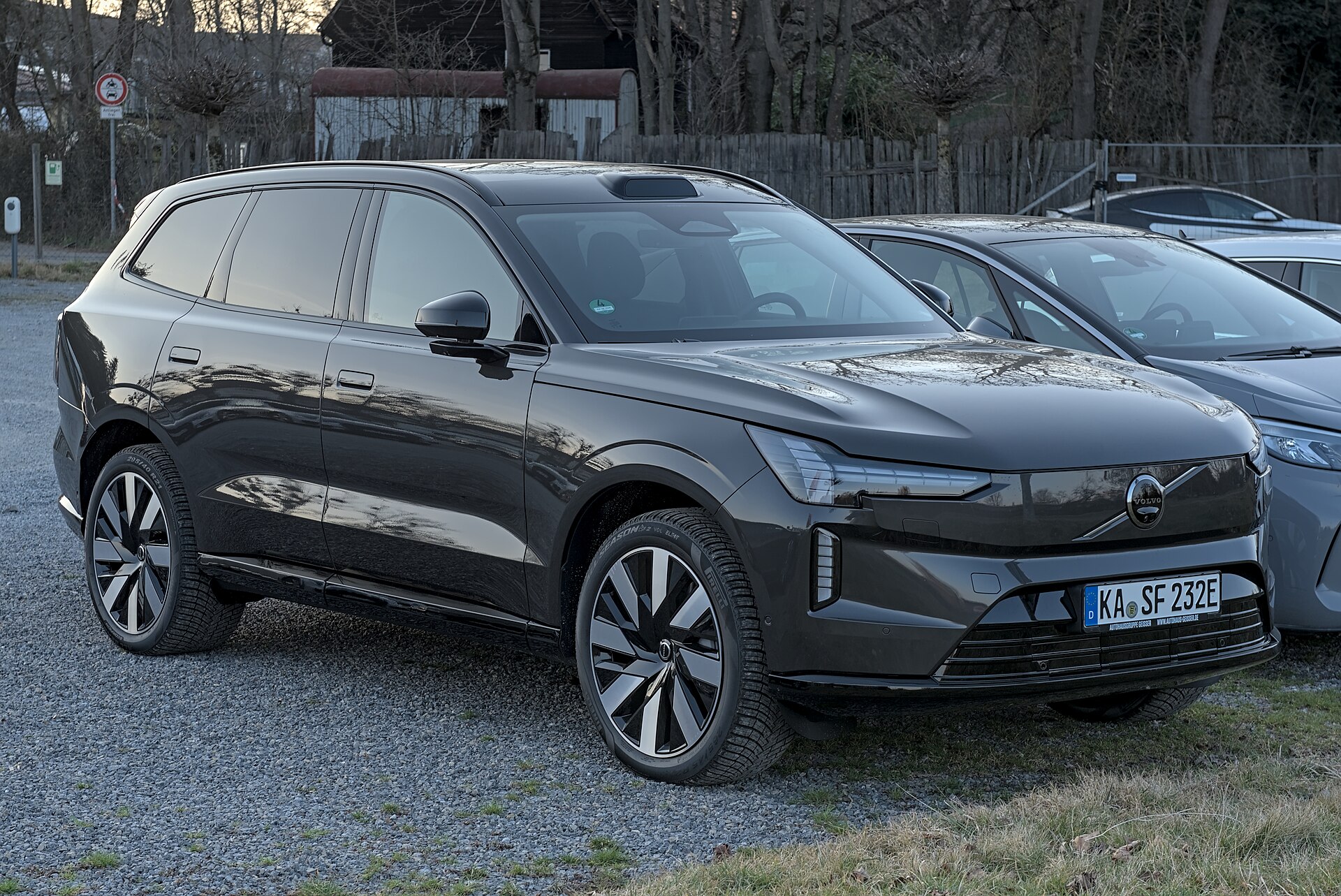 Grey Volvo EX90 parked on a street in Stuttgart