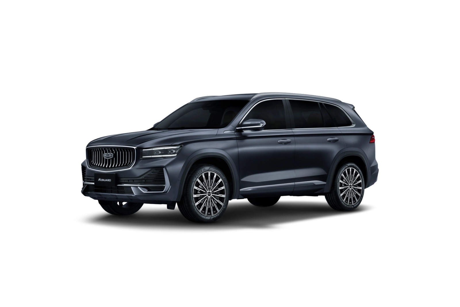 Grey Geely Monjaro SUV in a front three-quarter view, from Geely UAE