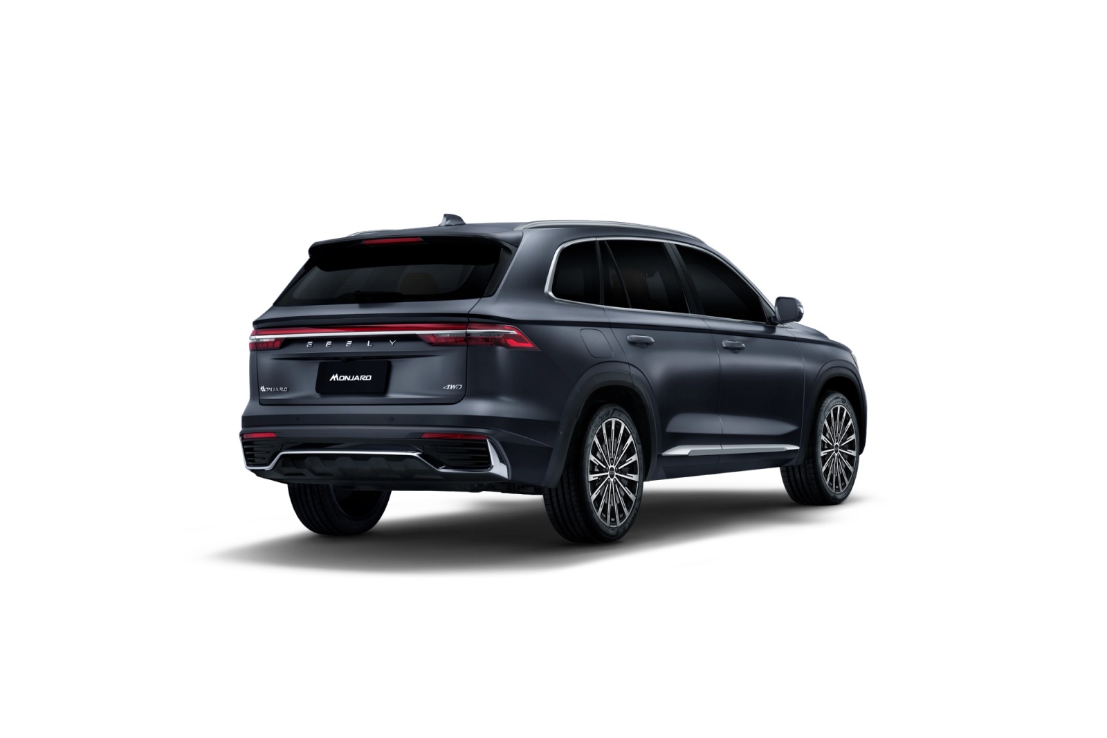 Grey Geely Monjaro SUV in a rear three-quarter view, from Geely UAE