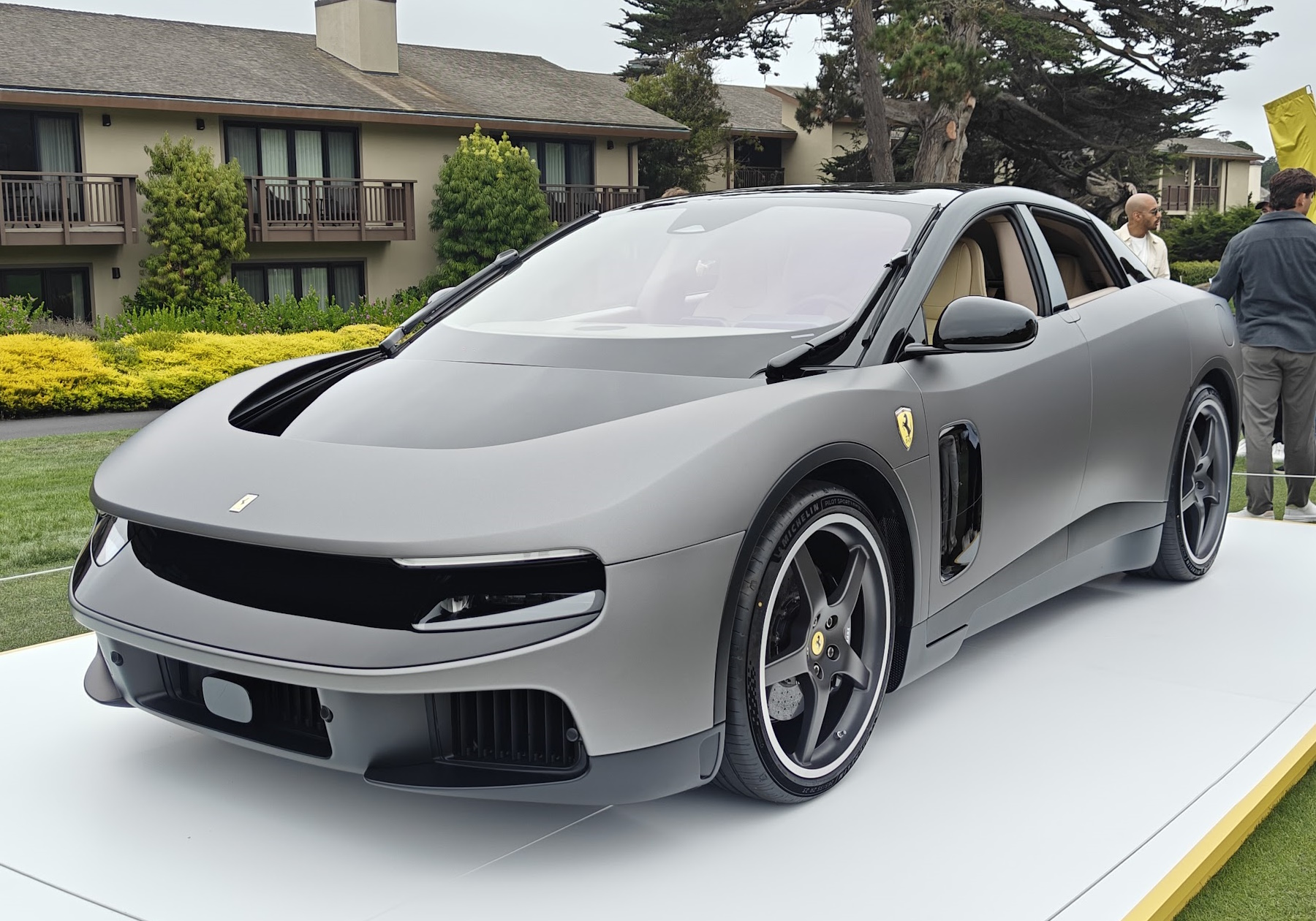Grey Ferrari Luce on display at Pebble Beach in 2026, front three-quarter view